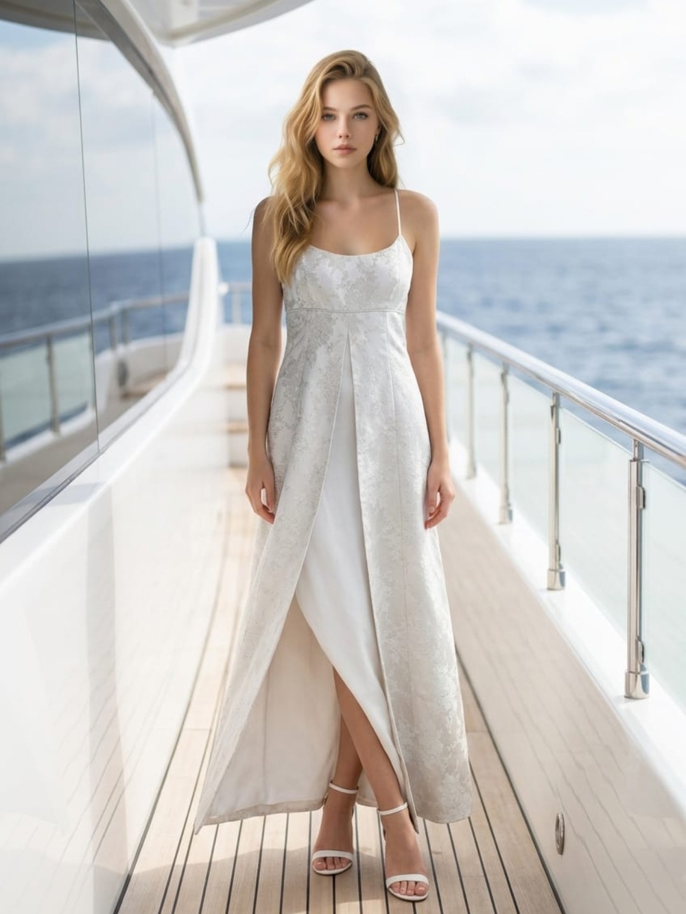 Ivory Satin Jacquard Maxi Dress with Front Slit